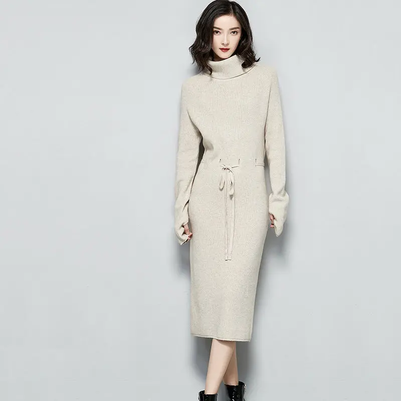 

2018 Autumnd Winter New Female High-Neck Knit Sweater Dress Fashion Drawstring Waist Simple Loose Women Sweater Dress LQ521