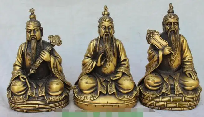 

S5197 13" Chinese Bronze High Lord Laojun Taoist Buddha 3 God Xing Set Ruyi Fan Statue