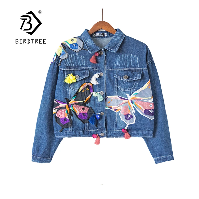 

Women Colorful Butterfly Embroidery Ladies Cropped Jean Jackets Patch Denim Coats Tassel Female Short Chaquetas Hot C89615F