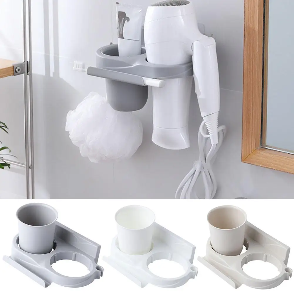 

Bathroom Adhesive Hair Dryer Holder Shelf Wall Storage Rack Organizer with Cup Bathroom