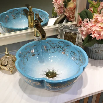 

Blue Chinese Antique ceramic sink wash basin Ceramic Counter Top Wash Basin Bathroom Sinks vanity basin