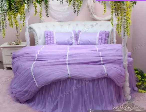 

Round Bed Purple Bedding set 4pcs Superking size Dream princess Round Double Bed rose lace cotton Duvetcover Bedskirt Pillowcase