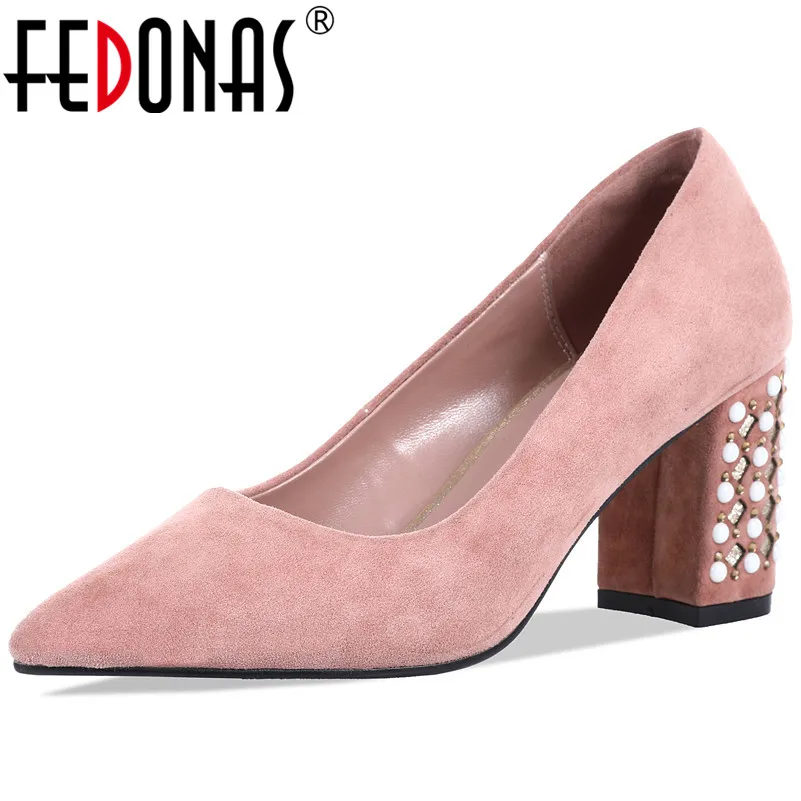 

FEDONAS Elegant Women 2019 New Fashion Suede Leather Solid Color Square High Heels Prom Wedding Spring Summer Rome Shoes Woman