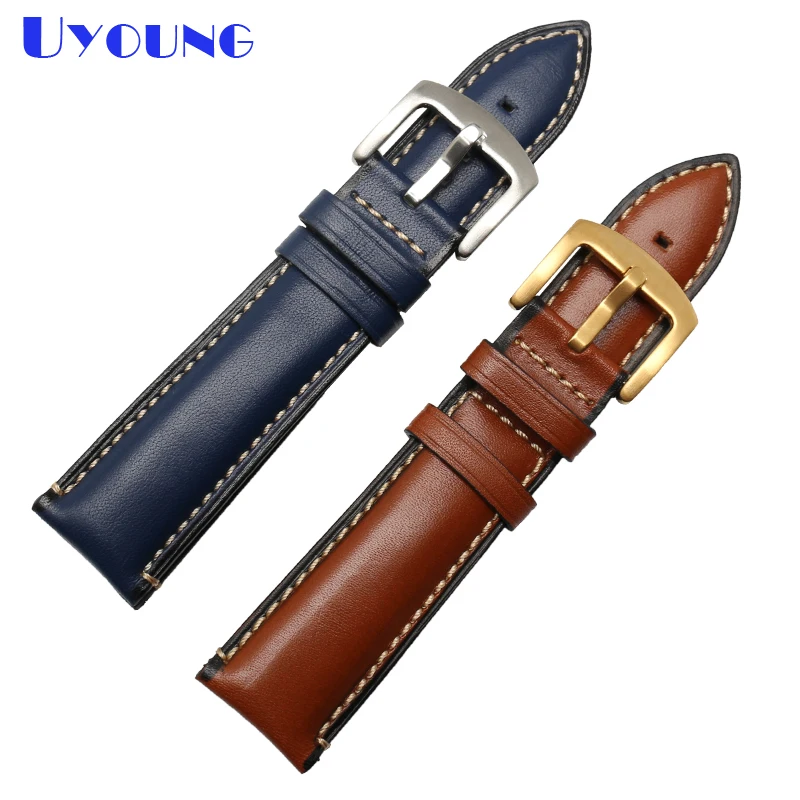 Buy Genuine leather watch belt stitched watchband 20mm 22mm 24mm brown blue