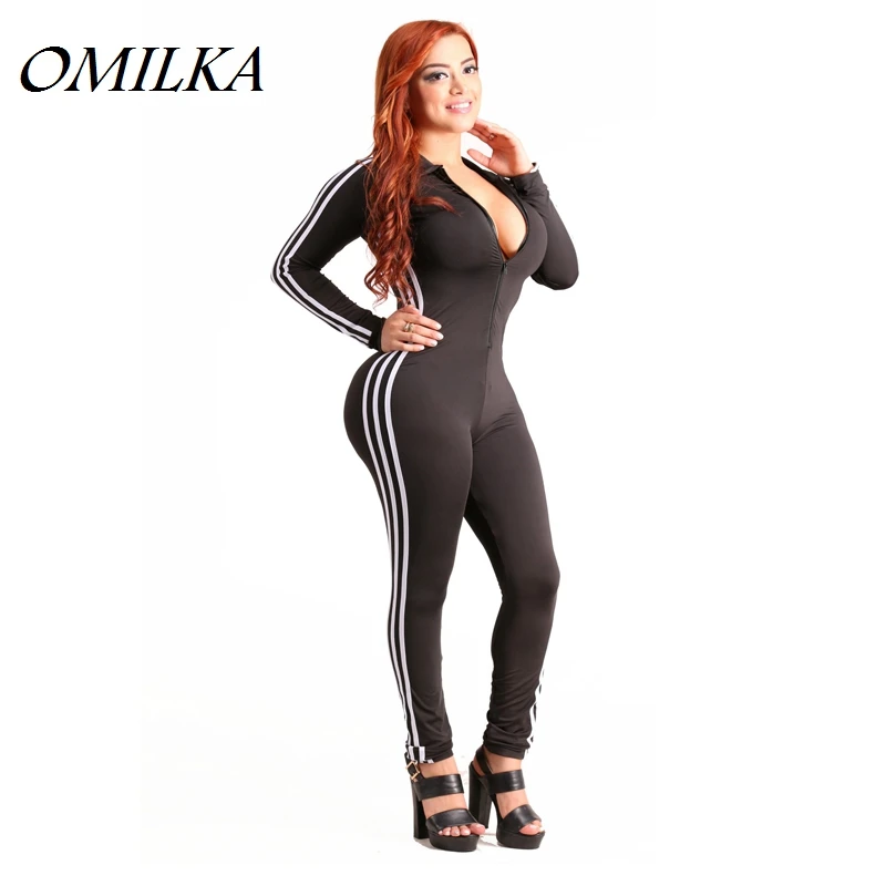 

OMILKA 2017 Autumn Women Long Sleeve V Neck Side Striped Front Zipper Bodycon Rompers and Jumpsuits Sexy Club Party Overall