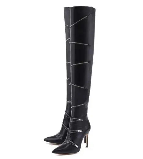 

Winter woman black high heel pointed toe zipper decorated knee high long boots Ladies super high thin heel long boots