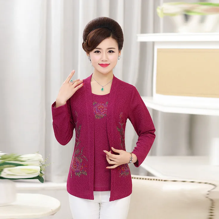 

fake two pieces long sleeves tshirt spring autumn new middle old age mother clothes o-neck diamond plus size women top pullover