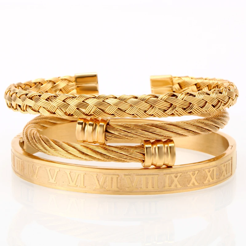 Online Mcllroy 3 unids set de lujo de oro plata 316L de acero inoxidable pulseras de trenzado pulseras de apertura para hombres precio increíble