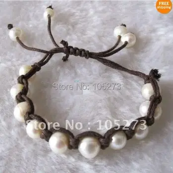 

Stunning!6''-8''inchs AA 8-9MM White color Genuine Freshwater Pearl Bracelet Coffee Wax Rope Fashion Girl's Woman's bracelet