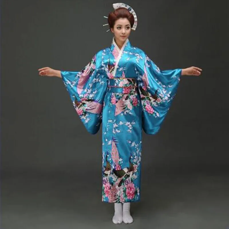 G l Mavi Tavusku u Japon Kimono Kad n Polyester Saten Kimono Yukata 