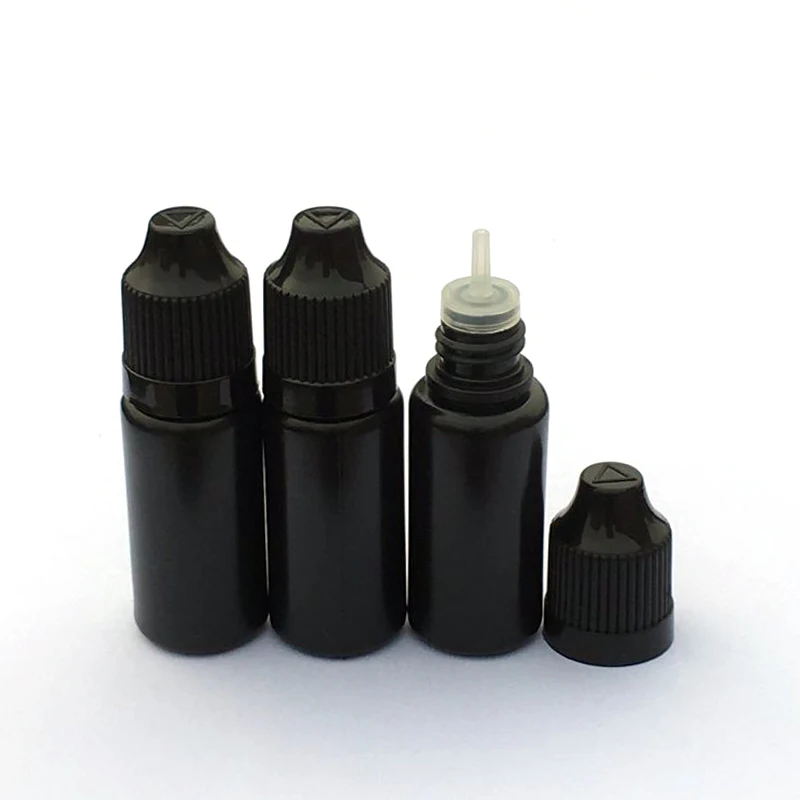 

100pcs 10ml Soft Black PE Plastic Dropper Bottle E Liquid Vial With Childproof Cap And Long Tip Empty Needle Jar