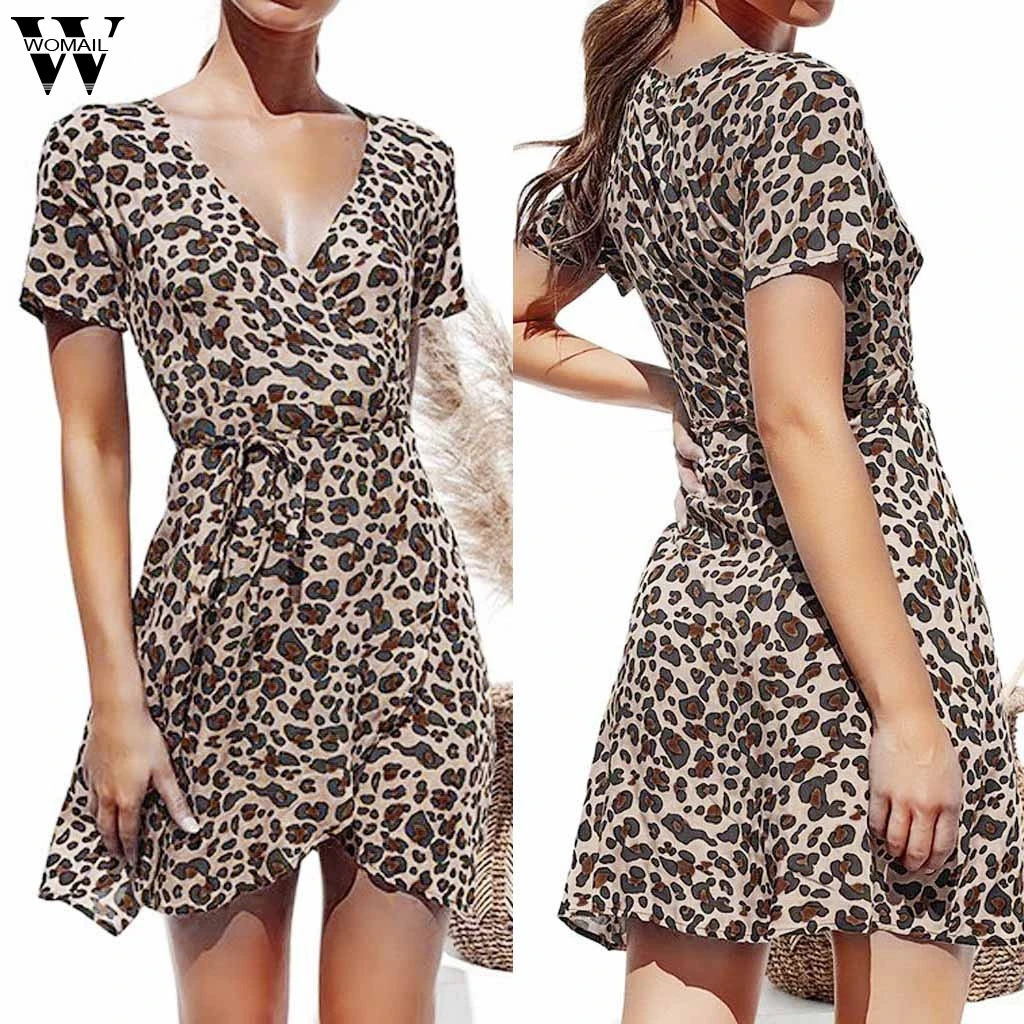 

Womail dress woman NEW Summer Sexy Casual Leopard Short Sleeve V-Neck Lace up Mini Dress fashion party Daily 2019 A12