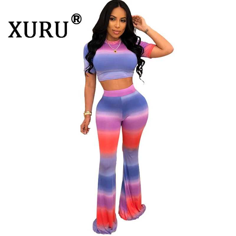 

XURU summer new women's print jumpsuit two-piece fashion casual short-sleeved wide-leg jumpsuit set