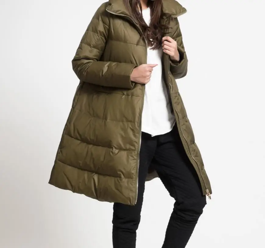 ТРАПЕЦИЕВИДНОЕ Женское зимнее пуховое пальто с высоким воротником, пуховик, зимнее пальто, плотное пуховое пальто - Цвет: Армейский зеленый