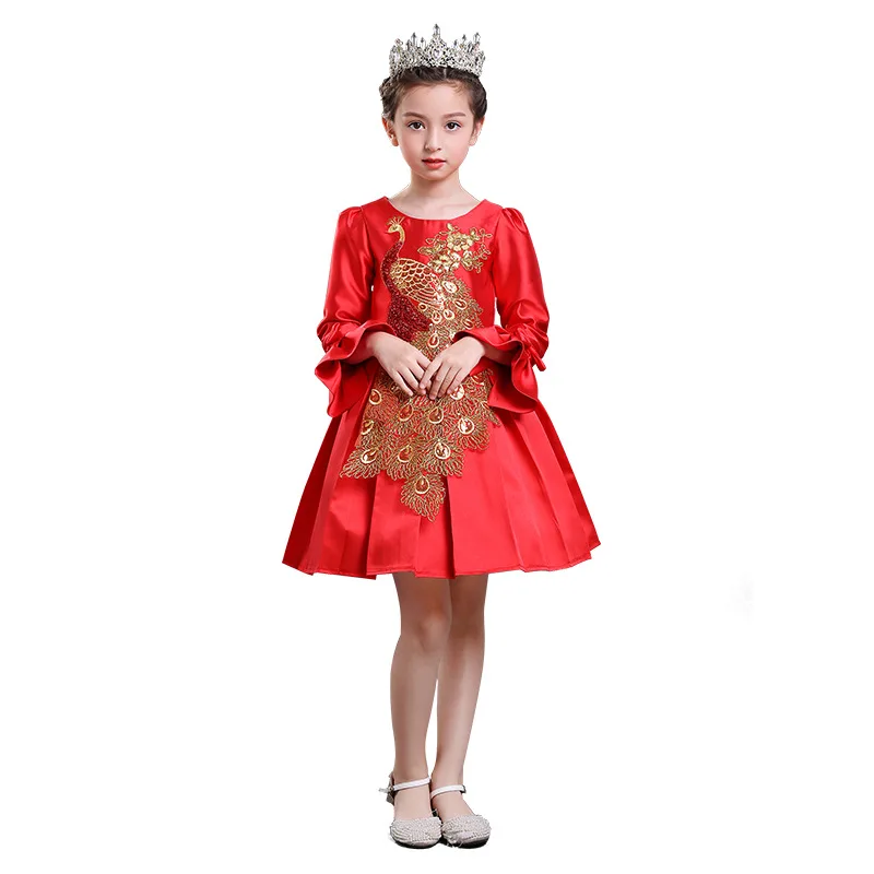 

New year winter sleeve Chinese peacock embroidery girls dress birthday costume for kids age 4 5 6 7 8 9 10 11 12 13 14 years