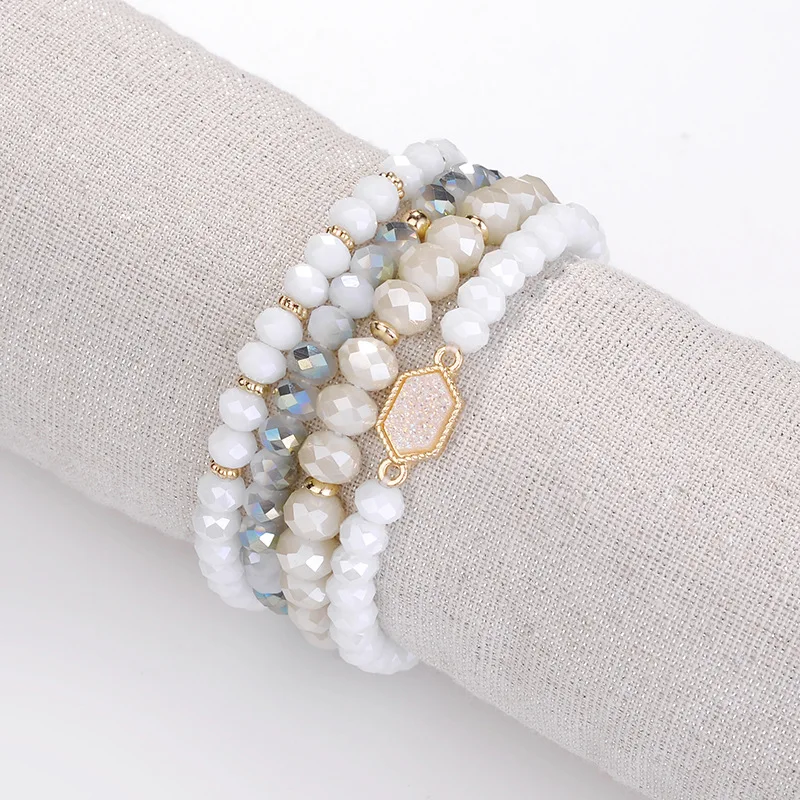 

4PCS Layered Stretch Beaded Stackable Bracelet Hexagon Druzy Stone Bracelets Layering Bead Statement Bangles