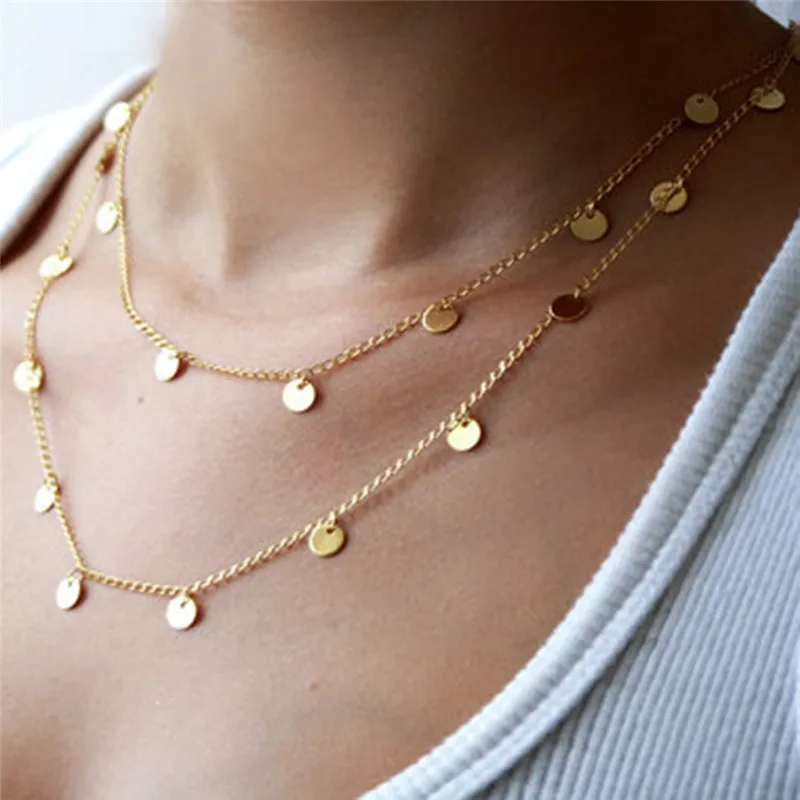 

BOAKO 2018 Multi layer Bohemia Long Necklace Women Trendy Gold Chain Statement Necklace with Round Piece Sequins collier femme