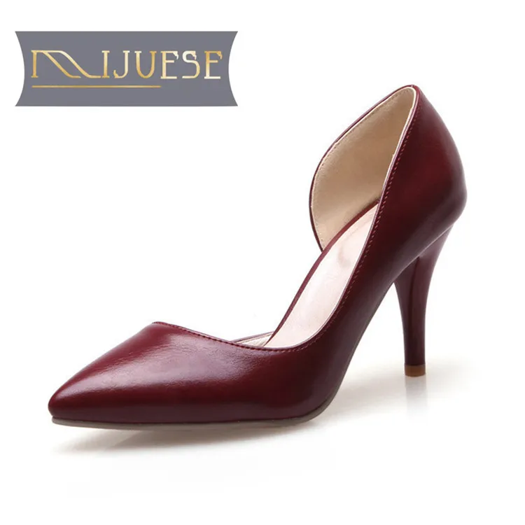 

MLJUESE 2018 women pumps autumn spring slip on wine red color shallow thin heel pointed toe high heels pumps women size 32-43