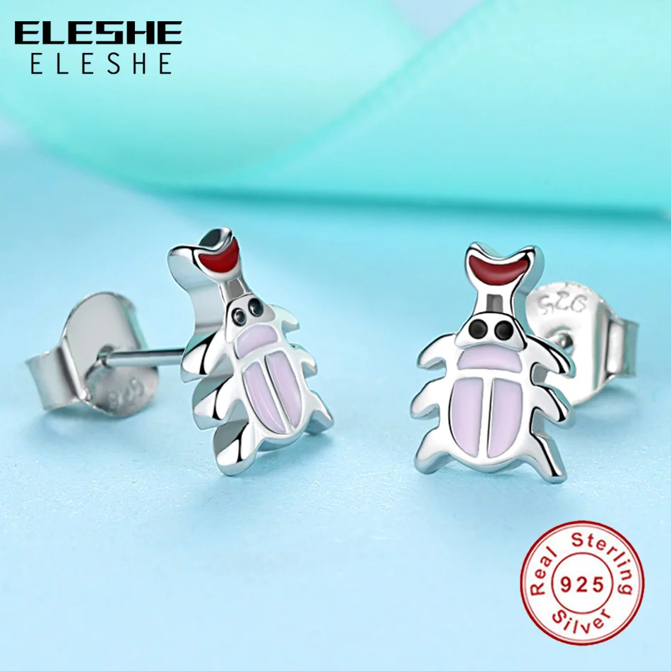 ELESHE 2019 Fashion Jewelry Cute Pink Enamel Crab Stud Earrings for Women Girls Child 925 Sterling Silver Earrings Party Jewelry
