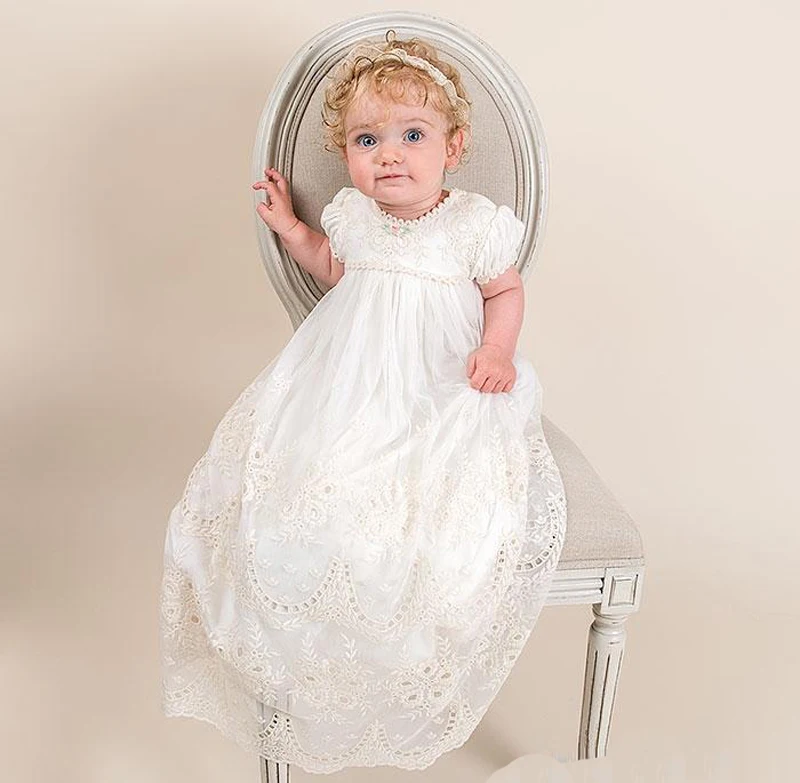 High Quality Lace Christening Gowns Short Sleeve Flower Girls Long