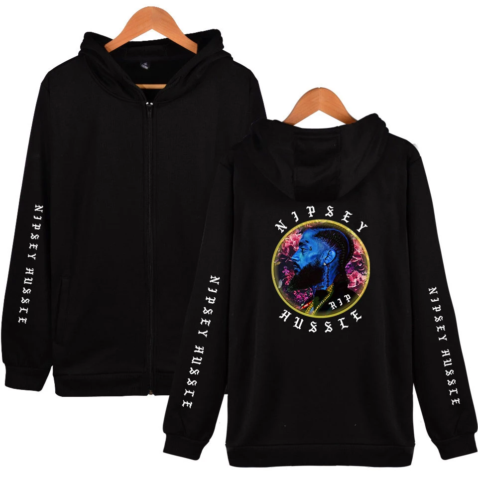 

2019 Fashion print Nipsey Hussle Harajuku Streetwear Zipper Black Sweatshirt Loose Zipper Hoodie Sweatshirts Free Shipping