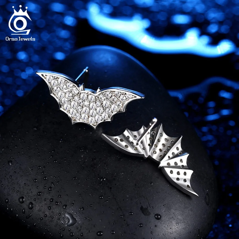 ORSA JEWELS, серьги-гвоздики для женщин, летучая мышь, рисунок, черный, прозрачный, ослепительный, AAA CZ, дизайн, тема, вечерние ювелирные изделия OE200