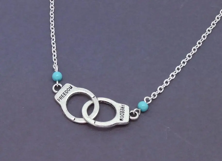 

Vintage Antique Silver Handcuff Turquoise Necklace Charm Pendant Police Officer Costume Jewelry
