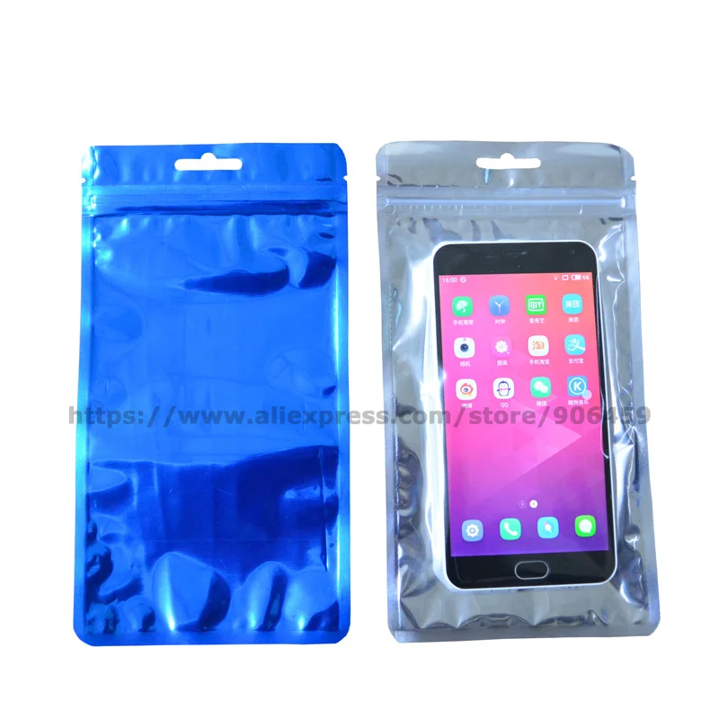 100 шт 12x22 см цветная и прозрачная алюминиевая фольга с застежкой сумка для электронный мобильный телефон оболочки сумки - Цвет: Blue