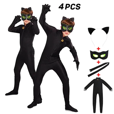 YES Spandex Ladybug Costume Jumpsuit Fancy Black Cat Adrian Marinette Super Hero Cosplay Costume For Girl Boy Adult Lady Wig - Color: child 4pcs