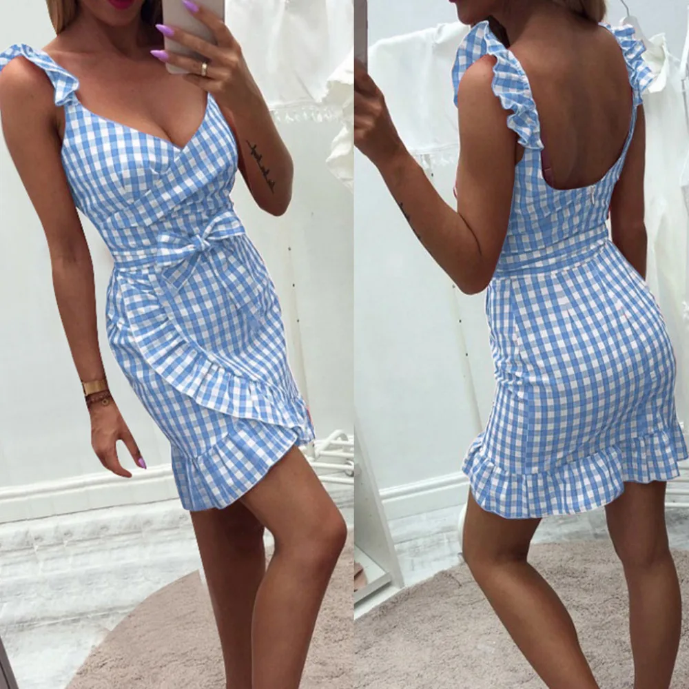 

2019 fashion Women V neck mini Dress summer Plaid print Ruffle dress ladies Off the Shoulder sleeveless Pencil mini Dress