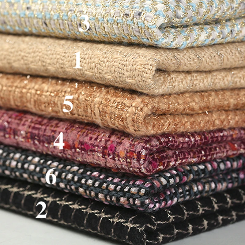 

6Patterns! 145CM Wide 450G/M Weight Knitted Tweed Acrylic Polyester Golden Thread Fabric for Autumn and Spring Coat Jacket E855