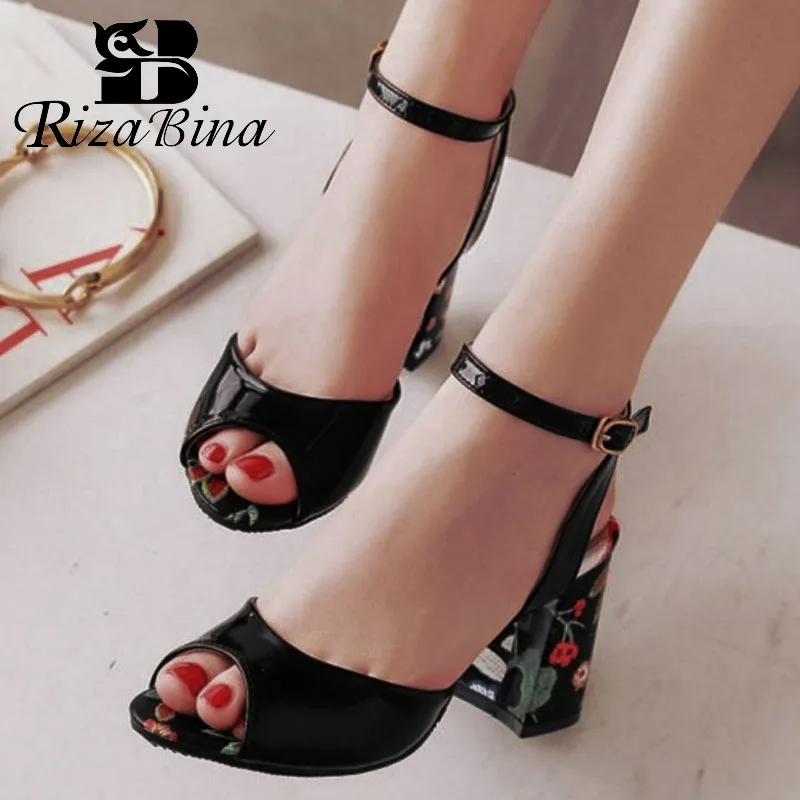 

RizaBina Plus Size 31-46 Women Open Toe Sandals Ankel Strap Thick High Heels Shoes Fashion Print Office Club Women Footwear