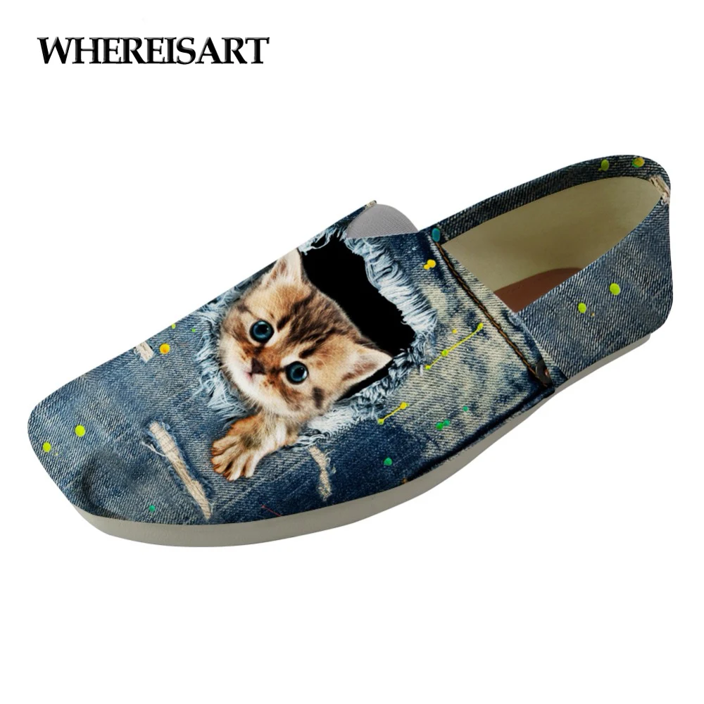 

WHEREISART Fashion Canvas Loafer Shoes Women Cute Denim Animal Cat Print Slip On Flats Shoes Female Breathable Fisherman Shoes