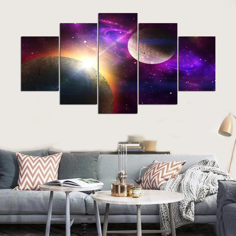 5 Panels Canvas Prints Painting Wall Art Galaxy Universe Purple