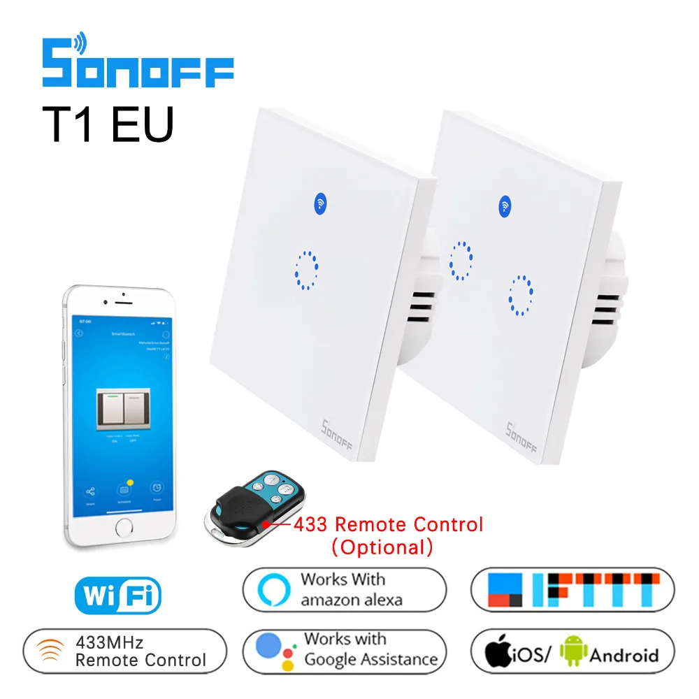 

SONOFF Wifi Smart Touch Light Switch T1 EU 1 2 Gang Ewelink App / 433 RF / Voice Control Light Switch Support Alexa Google Home
