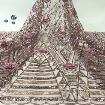

Madison Nigerian Lace Fabrics 5yard 3D Sequins lace fabric net lace fabric 2019 Sequins Pink lace fabric for haute couture dress