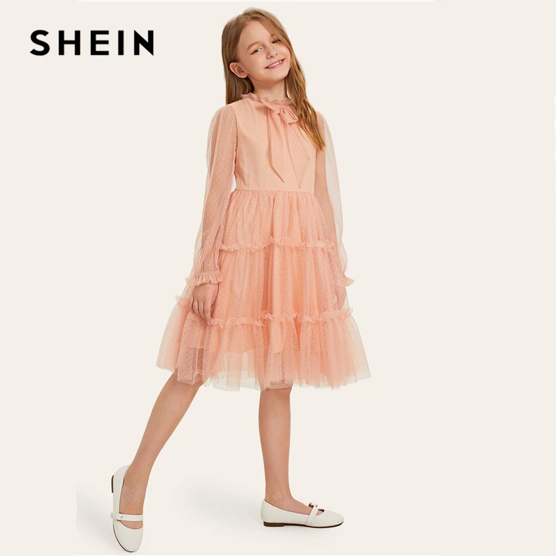 SHEIN/детское розовое нарядное платье в горошек с оборками и бантом для девочек, коллекция года, весенние милые детские платья трапециевидной формы с длинными рукавами для девочек