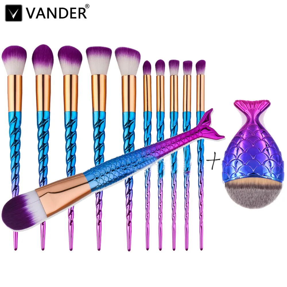 

10pcs Pro Makeup Brushes set Vivid Purple Makeup Brushes Blending Powder Foundation Eyebrow Contour Brushes & 2pcs Mermaid Brush