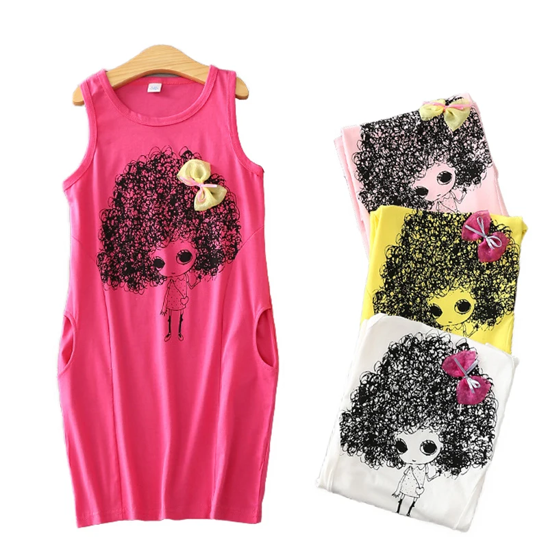 

Hot Selling Cute Kids Girls Summer Cartoon Princess Dress Sleeveless Chidren Bowtie Clothing with Pockets @
