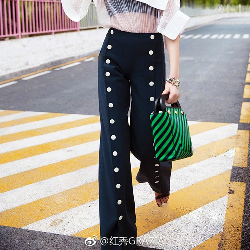 Superior Largas Calidad Color Loose Botones Anchos Calle Pantalones Sólido Casual Mujeres zpwqp5E