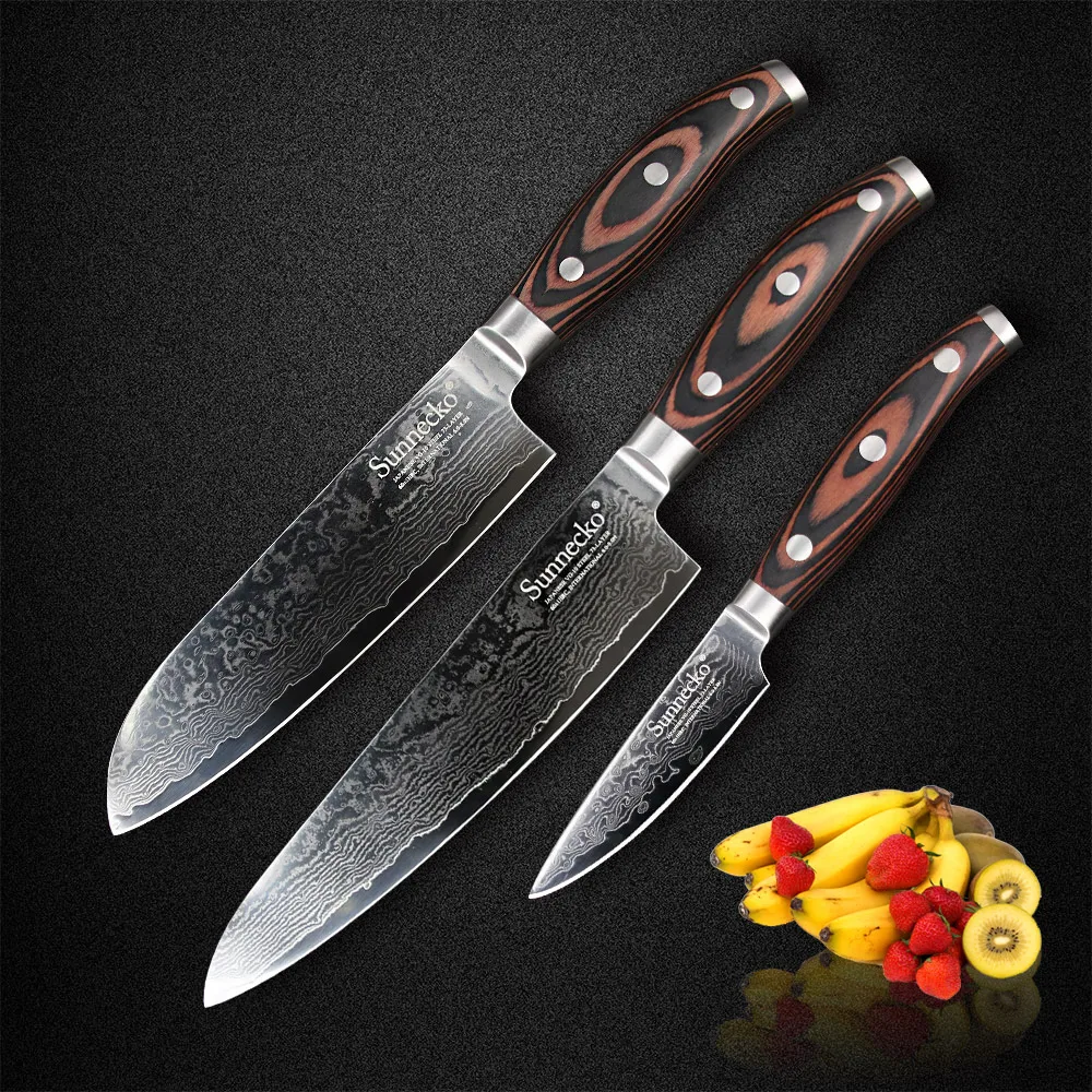 Sunnecko 3PCS Kitchen Knife Set Chef Santoku Paring Knives Japanese