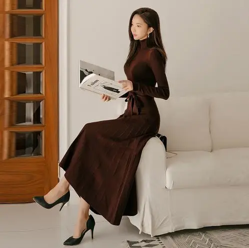 

Winter A-line Turtleneck Women Sweater Dress Lace Up Slim Waist Solid Knitted Pullover Dress Casual Female Long Vestidos LJ81
