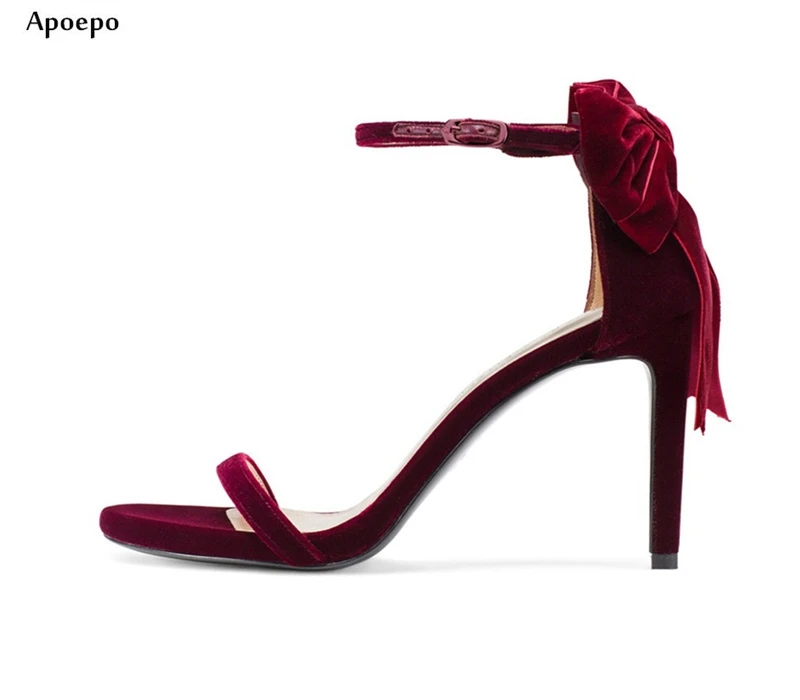 

Apopeo 2018 Summer Newest High Heel Sandal Sexy Open Toe Wine Red Velvet Thin Heels Shoes Butterfly-knot Ankle Strap Sandal