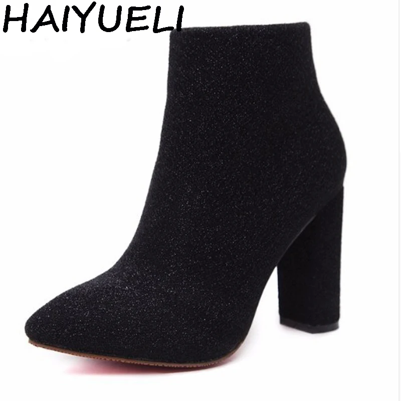 HAIYUEL Women Ankle Boots Cut Out Bling Glitter Stretch Boots Block