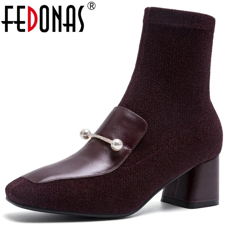 

FEDONAS Brand Genuine Leather Ankle Boots For Women High Heels Beading Wedding Party Shoes Woman Sexy Female Socks Boots