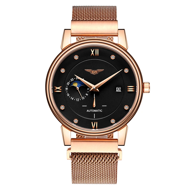 

GUANQIN GJ16039 2017 Automatic Watch Men Fashion Mechanical Wrist watches Waterproof Steel Strap Calendar and Moon Phase