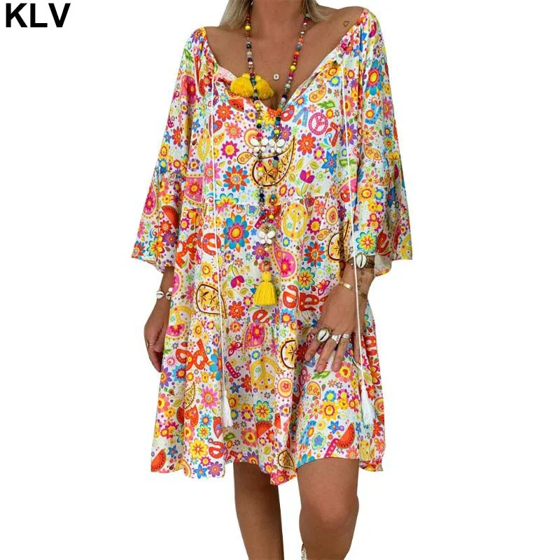 

Women Boho Summer Floral Long Sleeve Holiday Beach Shirt Dress Mini Dress