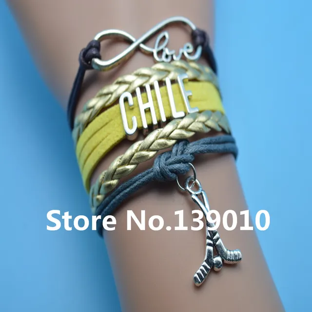 Infinity Love Chile Hockey Bracelets Gold Yellow Gray Brown Leather Infinity Love Chile Hockey Bracelets Gold Yellow Gray Brown Leather Suede Rope Customize Women Men Football