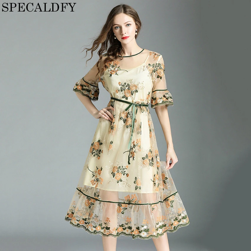 High Quality Summer Floral Embroidery Mesh Dress Women Flare Sleeve