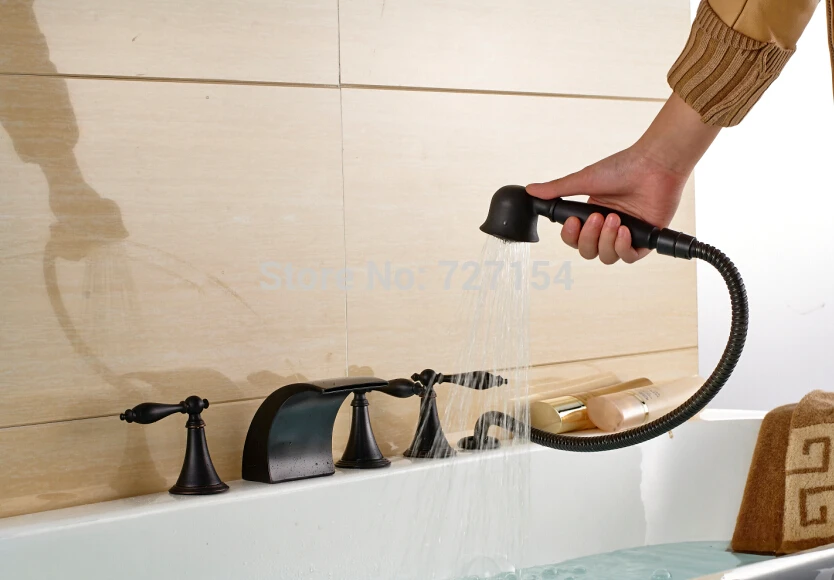 

Deck Mounted Tub Faucet Shower Mixer 3 Handles + Hand Unit Oil Rubbed Bronze Tap
